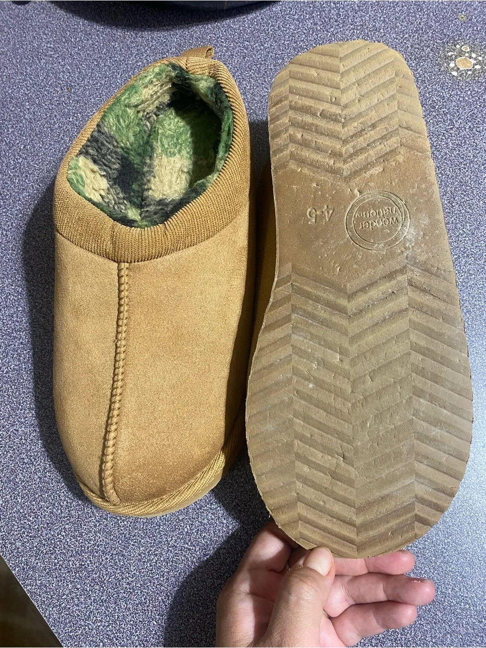 wonder nation Brown Slip-On Kids Slippers with Green Plaid Lining